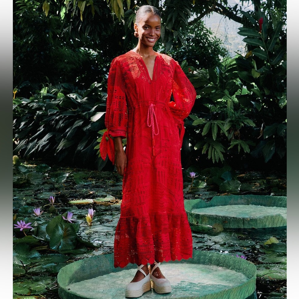 NWT Farm Rio Red Morada Boa Guipure Maxi Dress